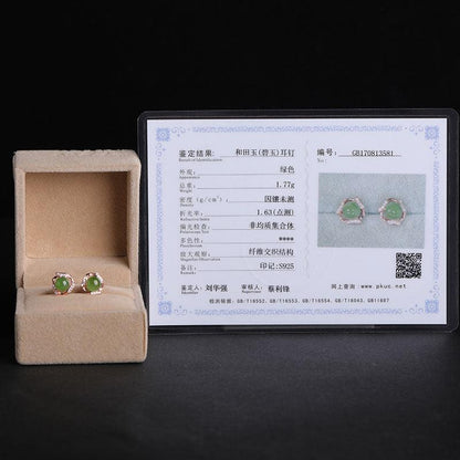 Ethnic style green jade earrings sterling silver and Tianyu earrings with certificate 925 silver rose gold jasper earrings - BUNNY BAZAR