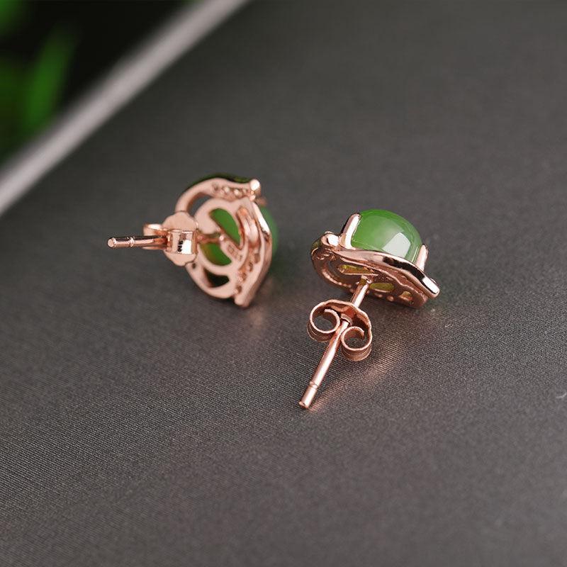 Ethnic style green jade earrings sterling silver and Tianyu earrings with certificate 925 silver rose gold jasper earrings - BUNNY BAZAR