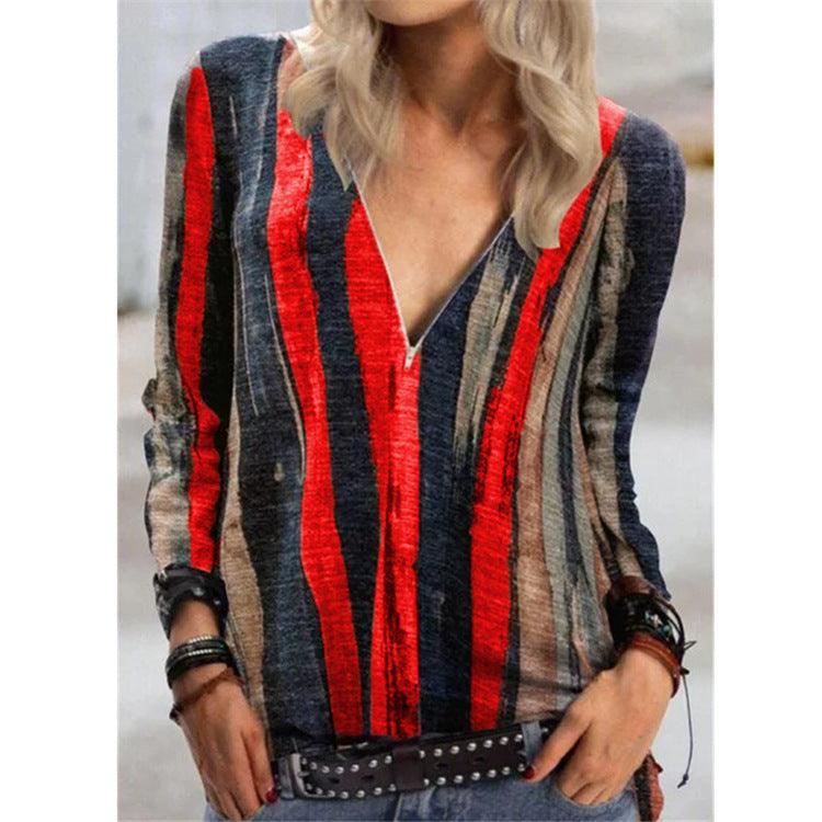 Tie-dye striped printed long-sleeved T-shirt V-neck zipper top women - BUNNY BAZAR