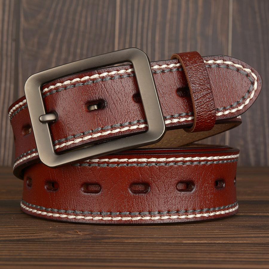 Two-Line Real Cowhide Men's Belt With Japanese Buckle - BUNNY BAZAR