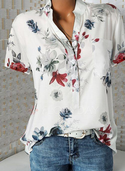 Fashion printed V-neck short sleeve shirt - BUNNY BAZAR