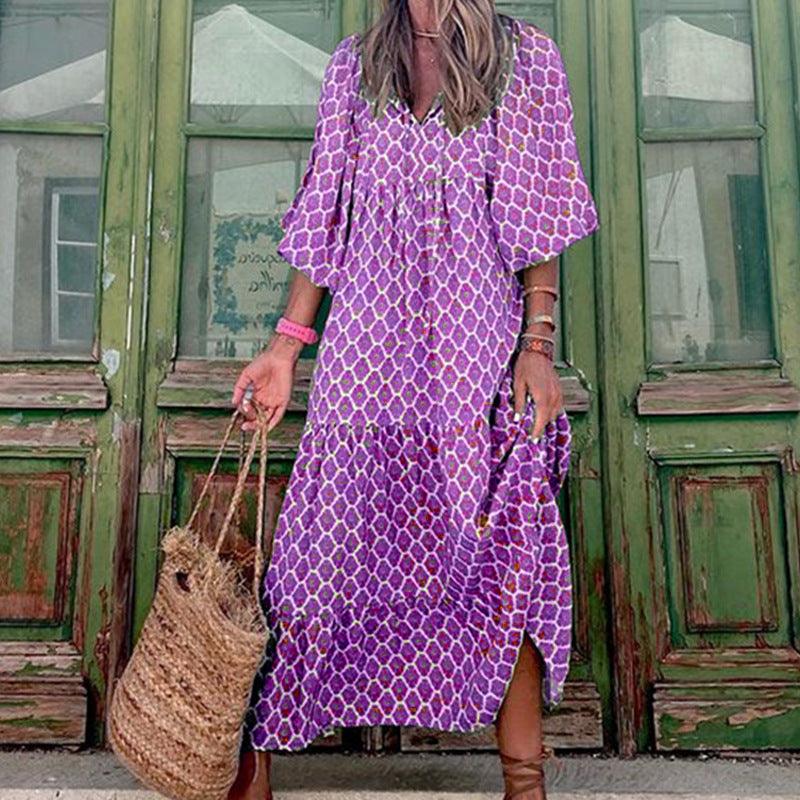 2022 Summer Women's Vintage Printed Bohemian Dress Elegant Ladies Casual Loose V-Neck Half Sleeve Maxi Dresses - BUNNY BAZAR