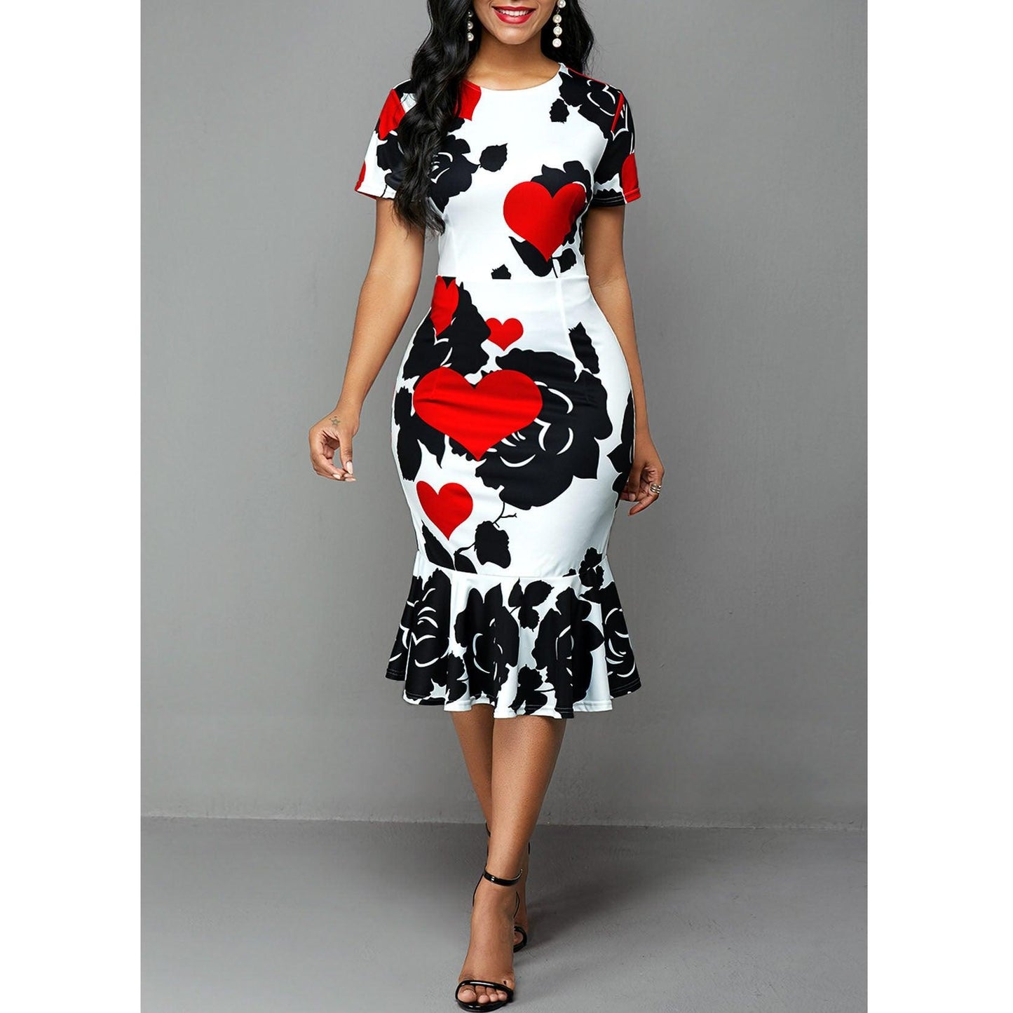 European And American Round Neck Short Sleeve Printed Slim Ruffle Dress - BUNNY BAZAR