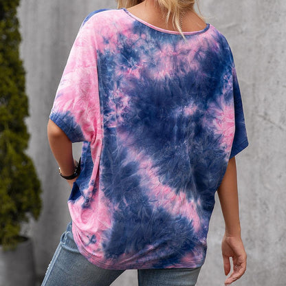 Casual Tie Dye Print Colorful Loose Round Neck Short Sleeve T-Shirt Women - BUNNY BAZAR