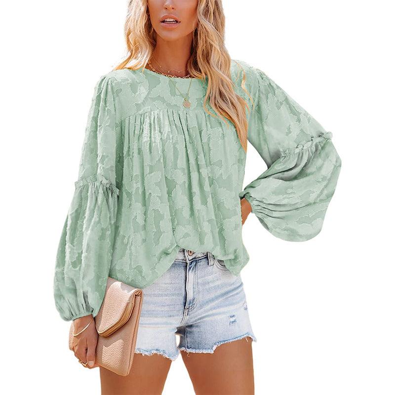 Chiffon Jacquard Floral Texture Lantern Sleeve Shirt - BUNNY BAZAR