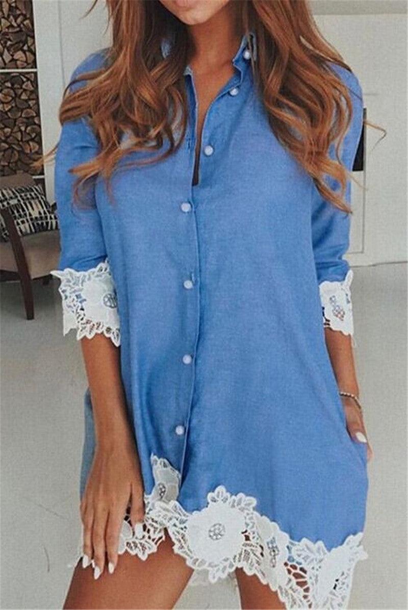 Fashion Collar Lace Denim Shirt - BUNNY BAZAR