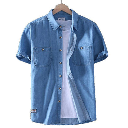 Summer Men's Washed Cotton Casual Shirt Thin Shirt Solid Color Short Sleeve Denim Cotton Trendy Shirt - BUNNY BAZAR