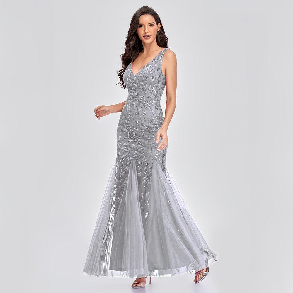 Sexy Long Dress Sleeveless V-neck Embroidered Sequin Slim Mermaid Dress - BUNNY BAZAR