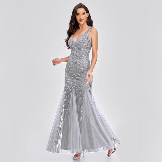 Sexy Long Dress Sleeveless V-neck Embroidered Sequin Slim Mermaid Dress - BUNNY BAZAR