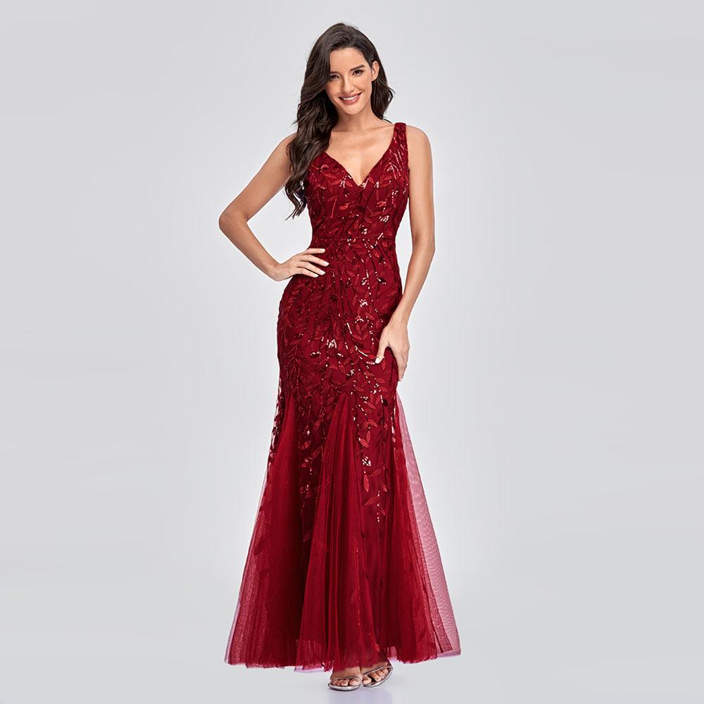 Sexy Long Dress Sleeveless V-neck Embroidered Sequin Slim Mermaid Dress - BUNNY BAZAR