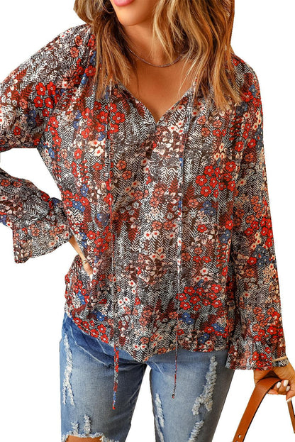 European And American High-end Women's V-neck Printed Top Lantern Sleeves Floral Chiffon Shirt - BUNNY BAZAR