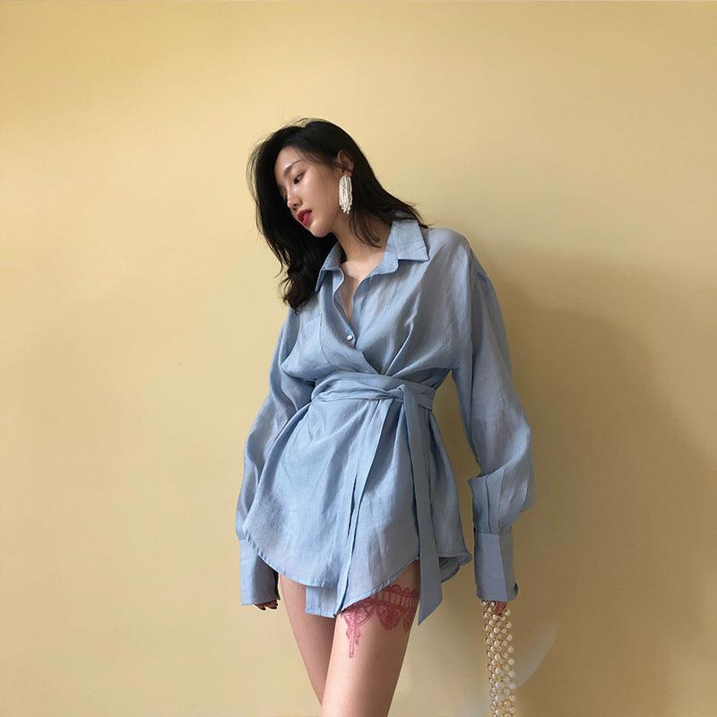 2021 spring and summer Hong Kong taste careful machine goddess wind exposed shoulder leak clavicle shirt - BUNNY BAZAR