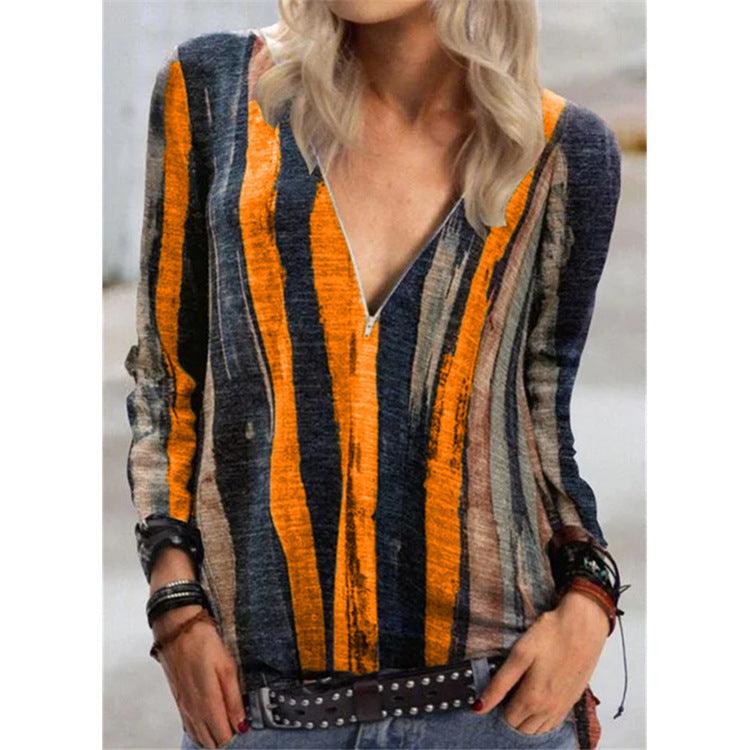 Tie-dye striped printed long-sleeved T-shirt V-neck zipper top women - BUNNY BAZAR