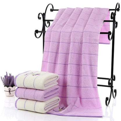 Lavender Soft Absorbent Embroidered Striped Bath Towel - BUNNY BAZAR