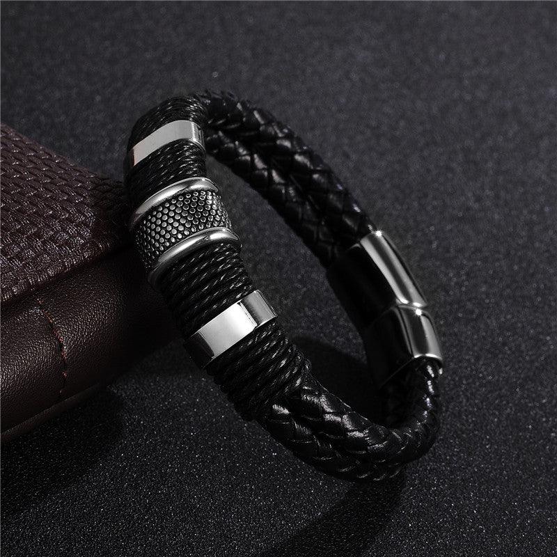 2021 Fashion Black Braid Woven Leather Bracelet Titanium Stainless Steel Bracelet - BUNNY BAZAR