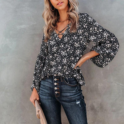 European And American Women Floral Long-Sleeved Loose Casual Shirt - BUNNY BAZAR