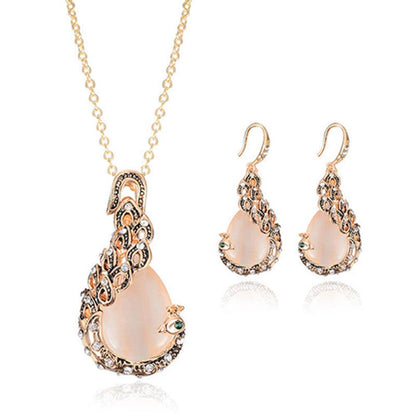 Retro Water Drop Necklace And Earrings Two-piece Set With Diamonds - BUNNY BAZAR