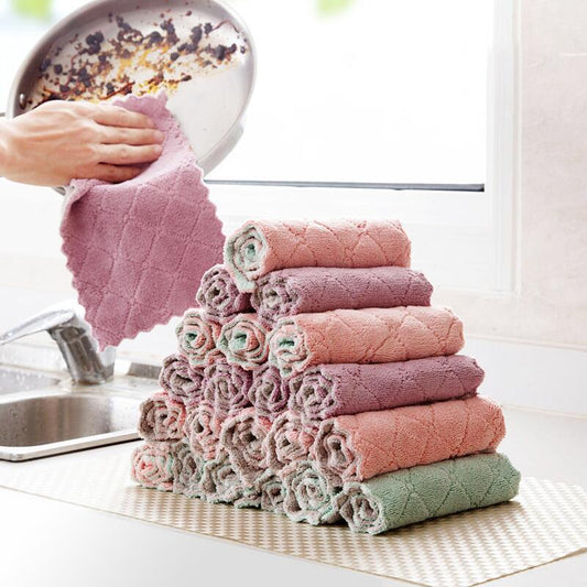 Printed two-color double-sided absorbent dish cloth non-stick oil hand towel thickening wipe tablecloth coral velvet kitchen rag - BUNNY BAZAR