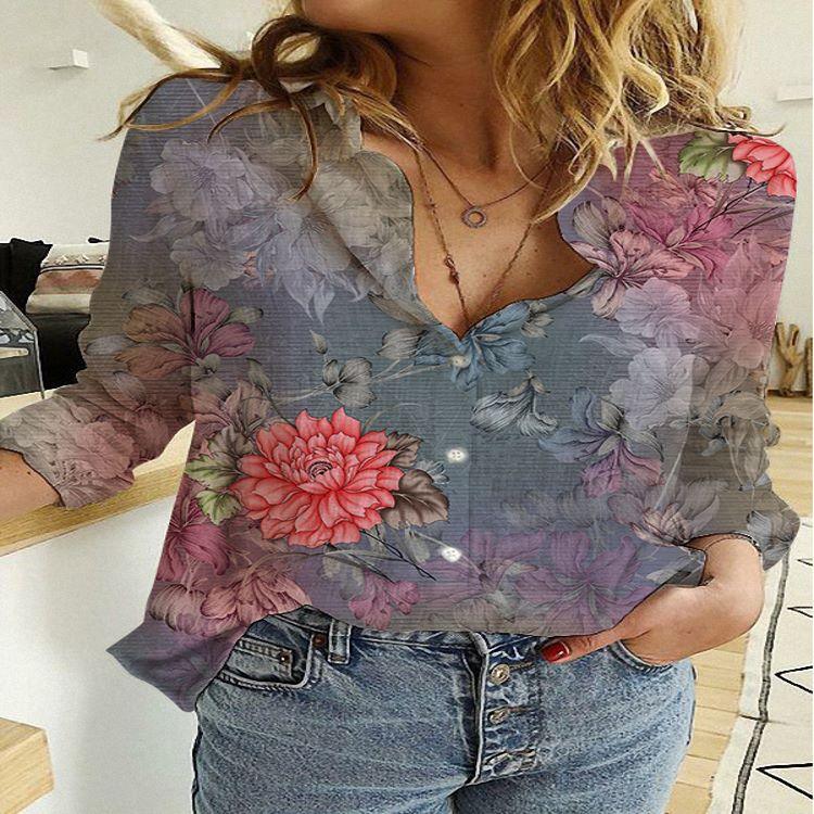 Digitally Printed Lapel Long Sleeve Shirt - BUNNY BAZAR