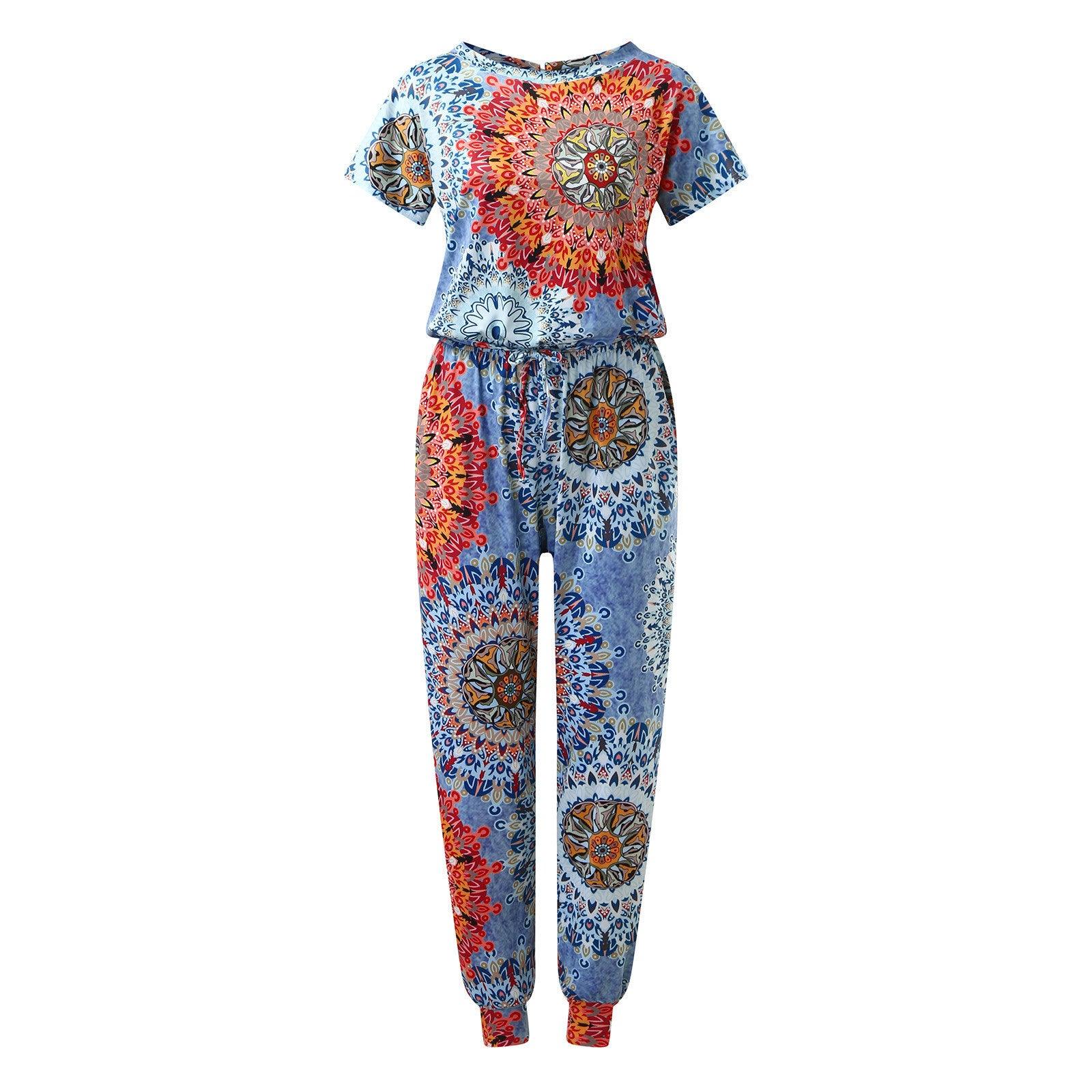 Women's Short Sleeve Printed Stretch Jumpsuit Women - BUNNY BAZAR