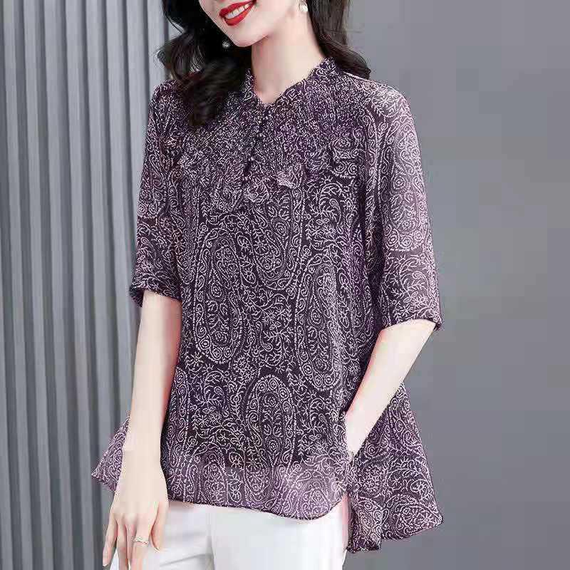 Western Style Floral Chiffon Shirt Fungus Collar Loose Casual Top - BUNNY BAZAR