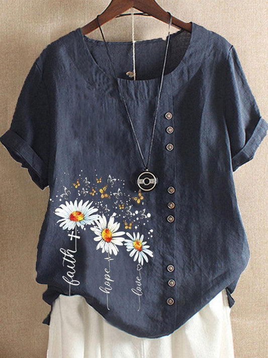 Retro Cotton And Linen Printed Loose Short-sleeved Casual Shirt Women - BUNNY BAZAR