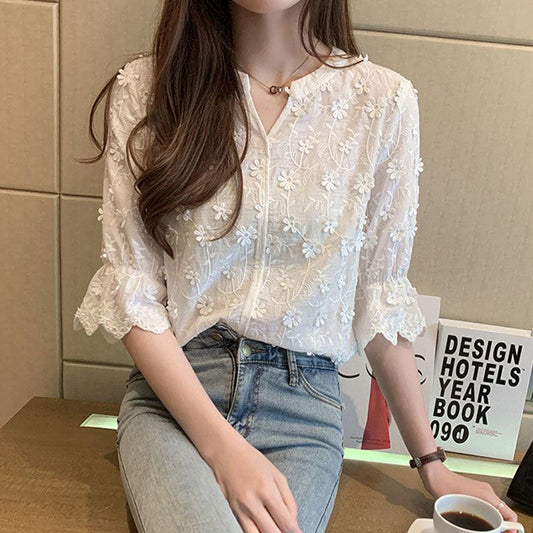 Lace Shirt Women Retro Flared Sleeve Western Style Small Shirt Embroidered Blouse - BUNNY BAZAR