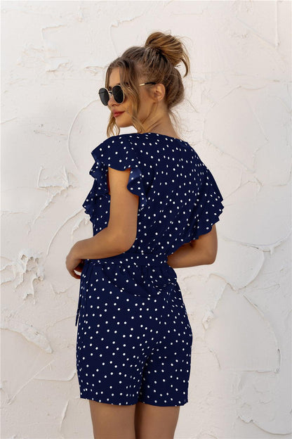 Ruffled V-neck Polka Dot Jumpsuit - BUNNY BAZAR