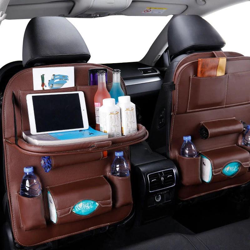 Car Seat Back Pu Leather Pad Bag Car Storage Organizer Foldable Table Tray Travel Storage Bag Auto Accessories - BUNNY BAZAR