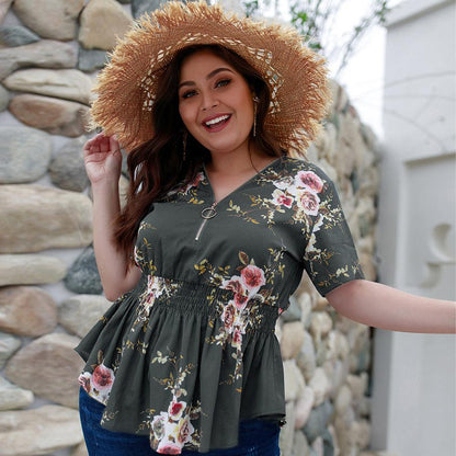 V-neck plus size shirt print top - BUNNY BAZAR