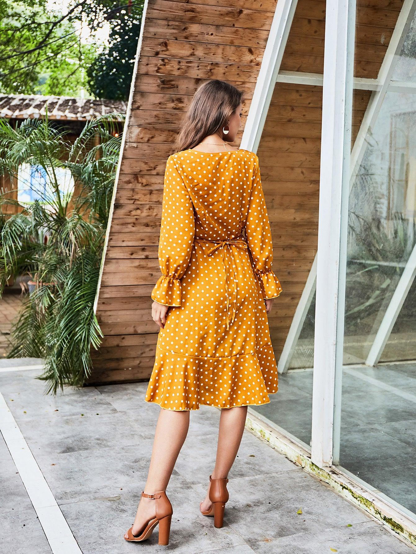 Yellow Polka Dot Long Sleeve Lace Dress - BUNNY BAZAR