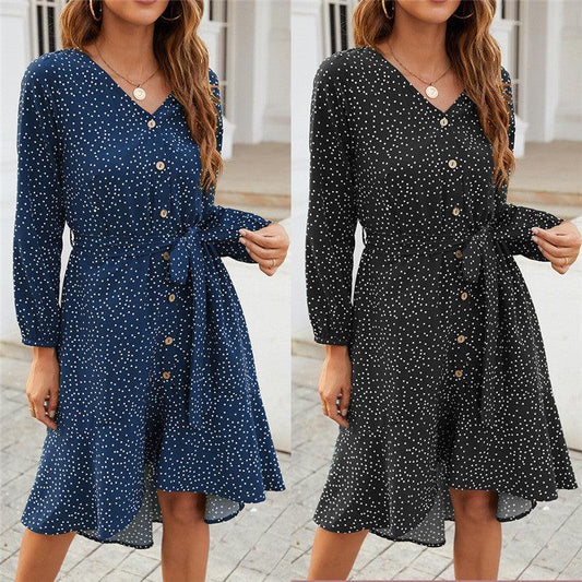 Polka Dot V-neck Long-sleeved Ruffled One-breasted Casual Dress - BUNNY BAZAR