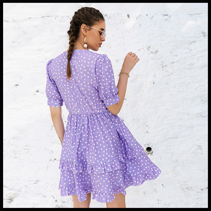 Short Sleeve Polka Dot Print Ruffle Dress Women - BUNNY BAZAR