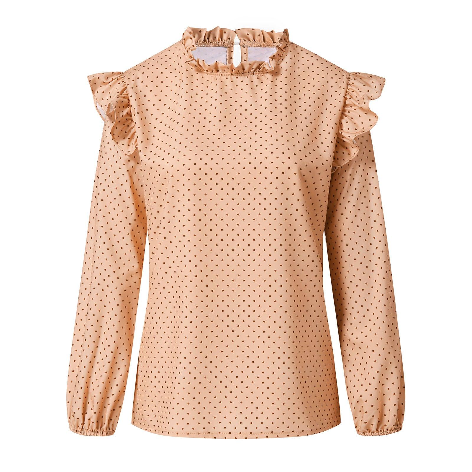 Ruffled Round Neck Pullover Polka Dot Shirt Top - BUNNY BAZAR