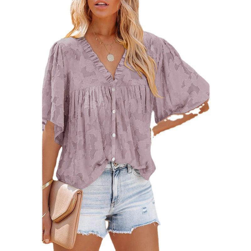 V-neck Cardigan Five-point Mid-sleeve Chiffon Shirt Print Top - BUNNY BAZAR