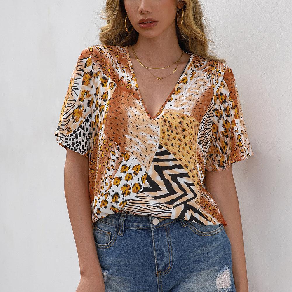 Loose Casual Leopard Print V-Neck Short Sleeve T-Shirt Simple Top Women - BUNNY BAZAR