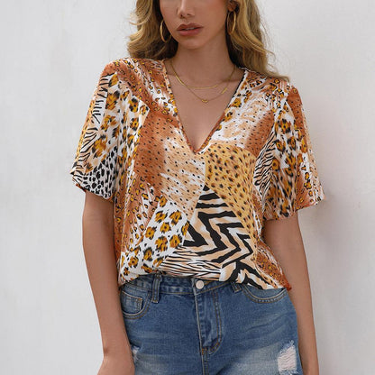 Loose Casual Leopard Print V-Neck Short Sleeve T-Shirt Simple Top Women - BUNNY BAZAR