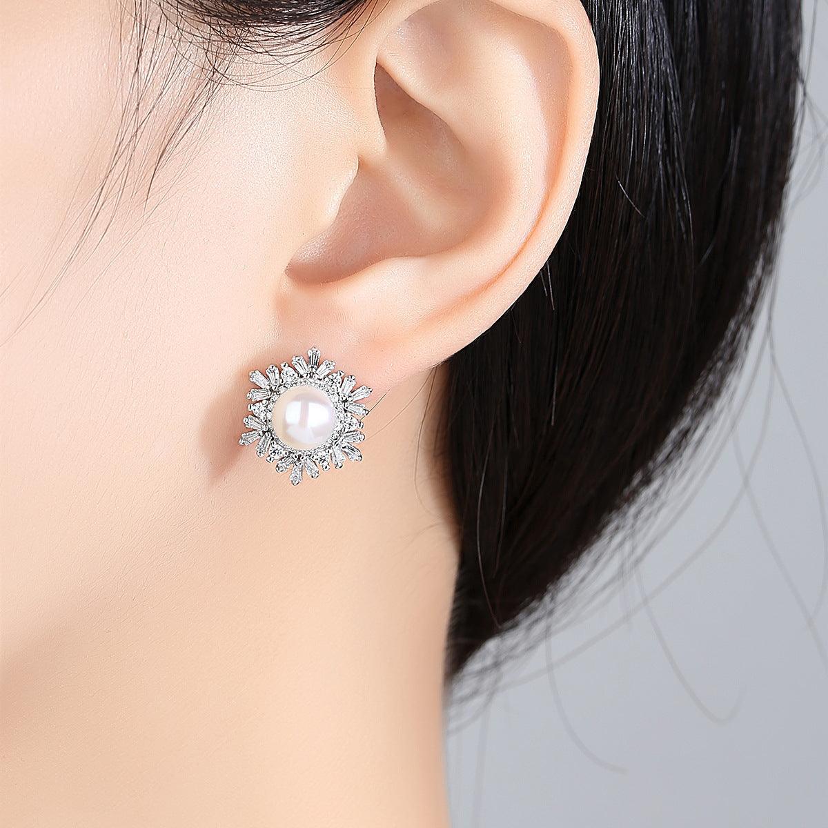 Sterling Silver Snowflake Stud Earrings Korean Gemstone Pearl Earrings Fashion Silver - BUNNY BAZAR