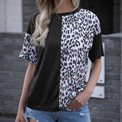 Leopard Print Stitching Crew Neck Short Sleeve T-shirt Women - BUNNY BAZAR