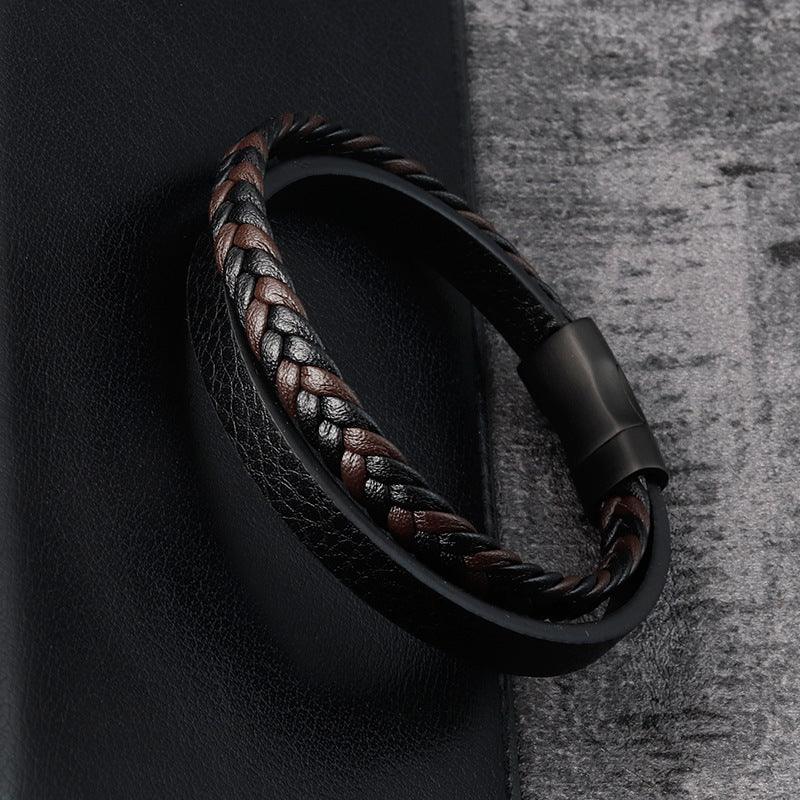 Leather Cord Stainless Steel Braided Bracelet Black Men - BUNNY BAZAR
