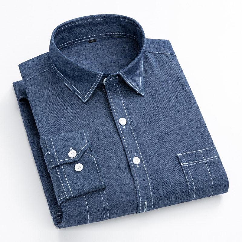 Men's Korean Casual Solid Color Slim Long-sleeved Denim Shirt - BUNNY BAZAR