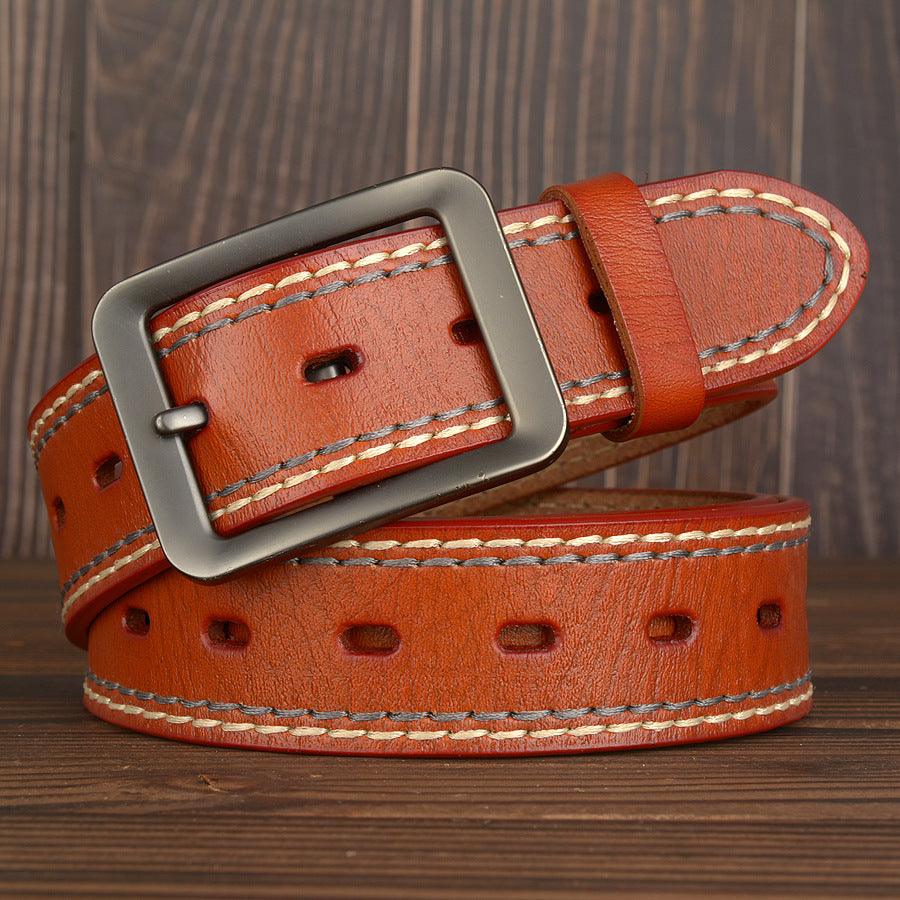 Two-Line Real Cowhide Men's Belt With Japanese Buckle - BUNNY BAZAR