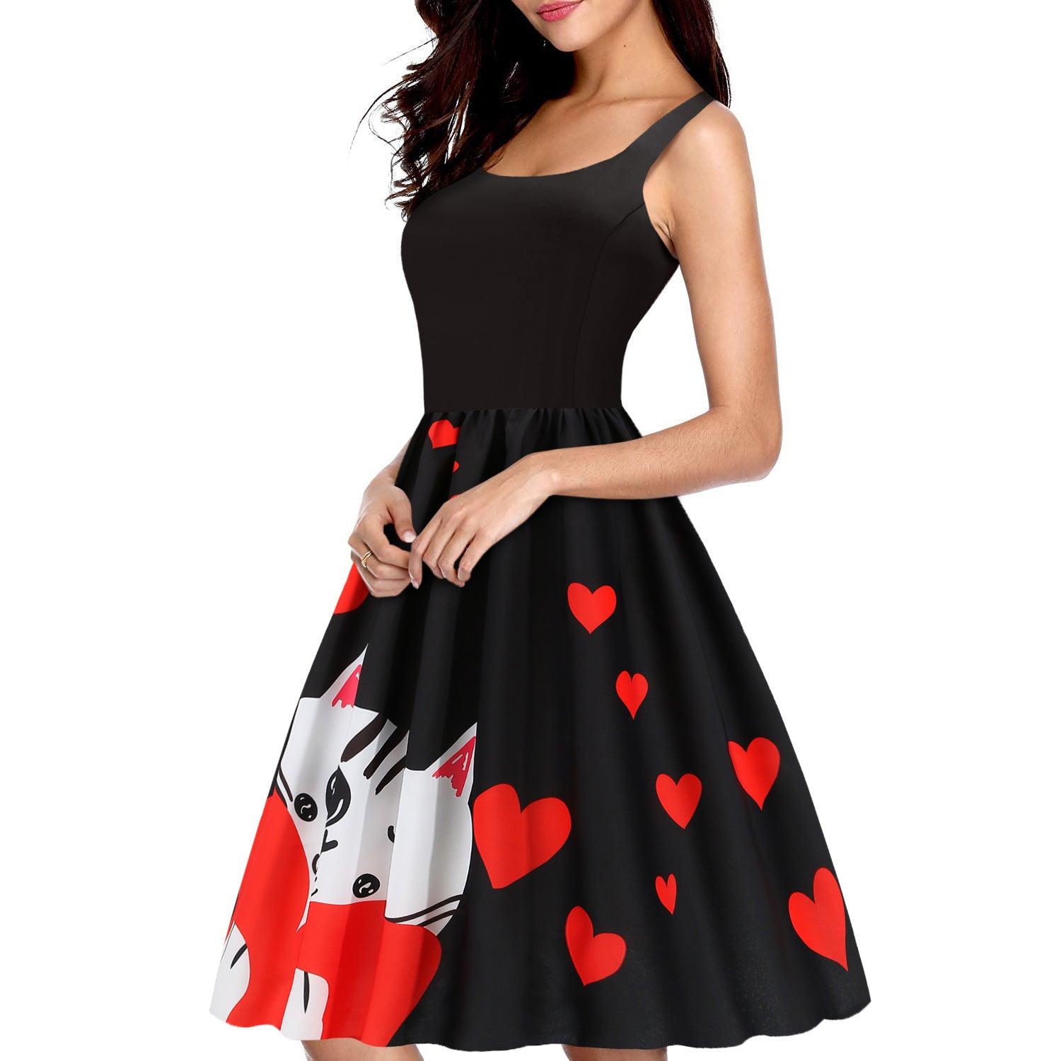 Valentines Day Temperament Stitching Heart Shaped Print Swing Dress - BUNNY BAZAR