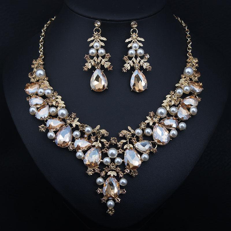 Crystal Pearl Gemstone Necklace And Earrings Set - BUNNY BAZAR