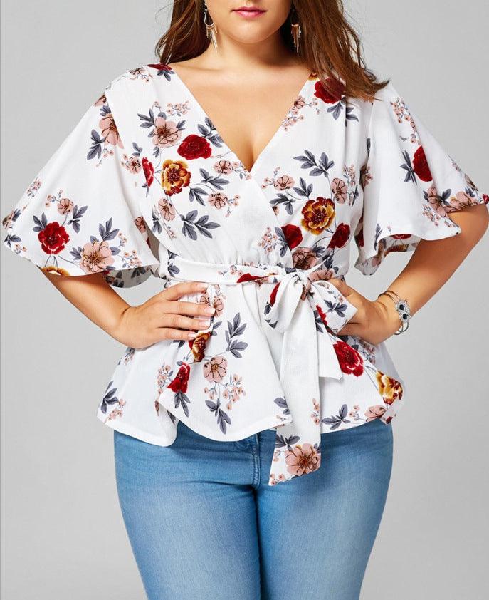 Oversized Printed Lace-up Flared Sleeve Pearl Chiffon Shirt - BUNNY BAZAR