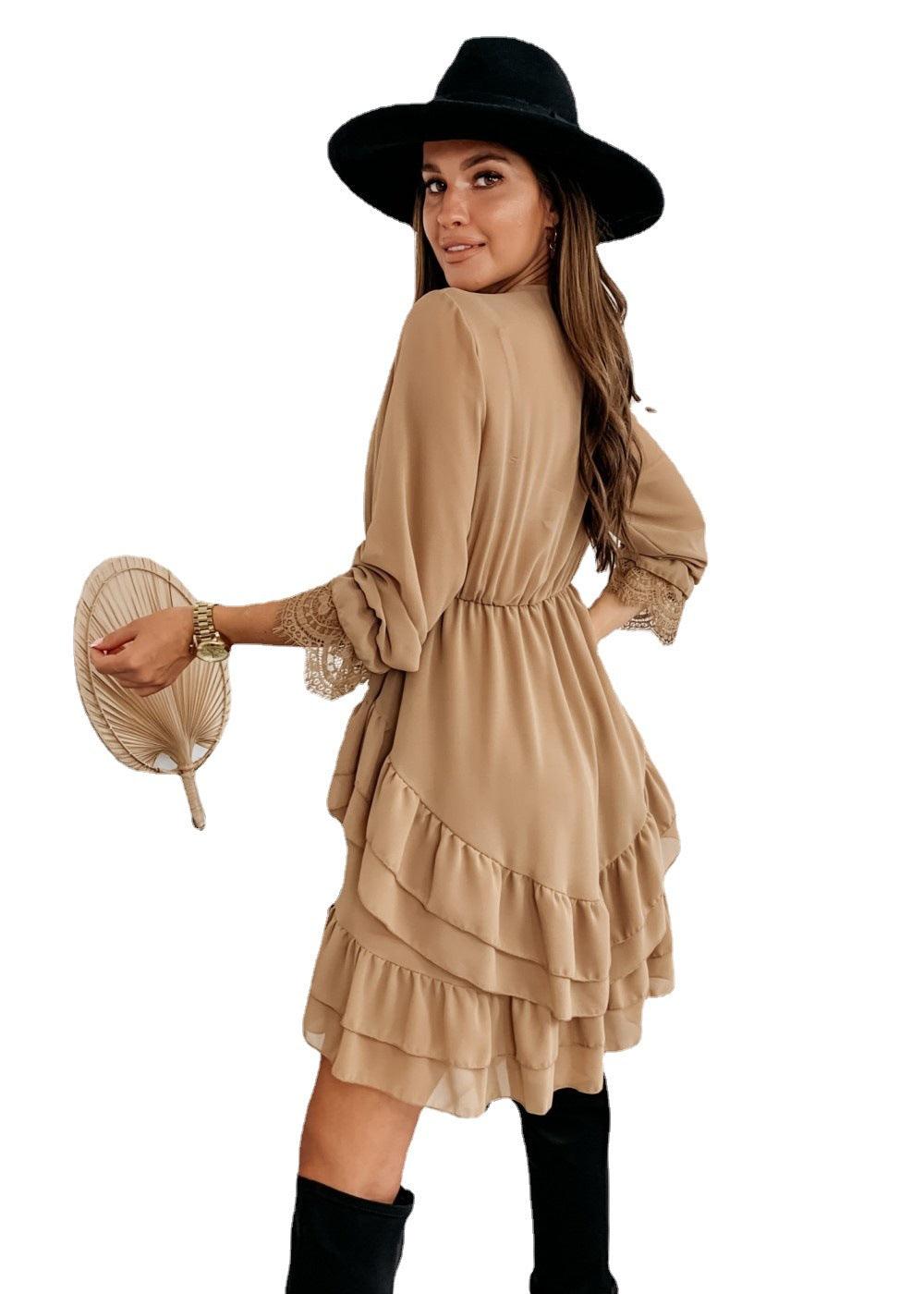 Turtleneck Long Sleeve V-Neck Ruffle Skirt Chiffon Dress - BUNNY BAZAR