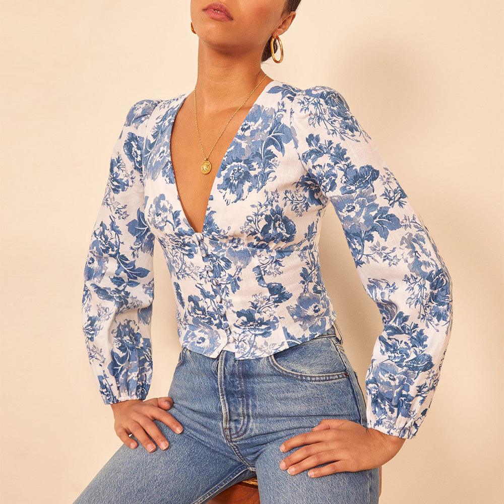 Summer Vacation V-Neck Blue And White Porcelain Print Shirt - BUNNY BAZAR