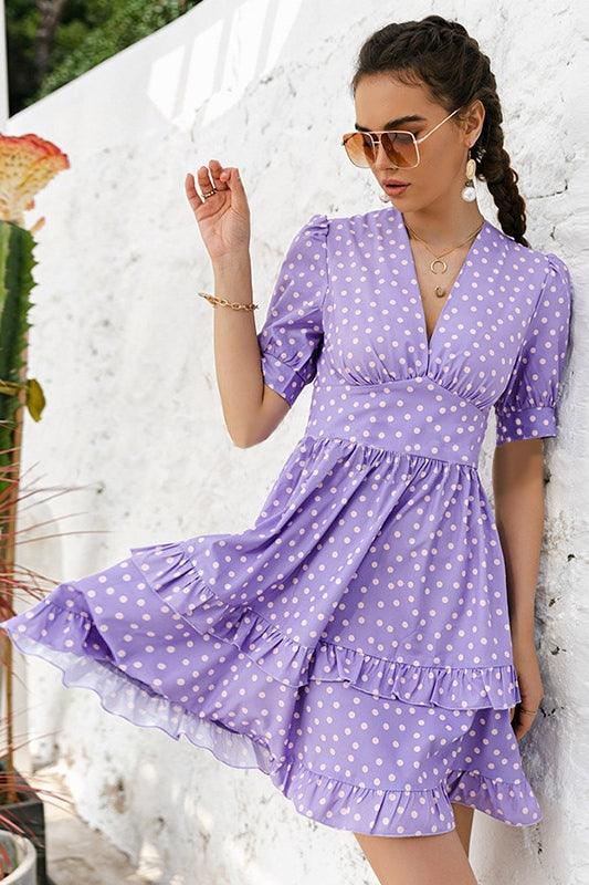 Short Sleeve Polka Dot Print Ruffle Dress Women - BUNNY BAZAR