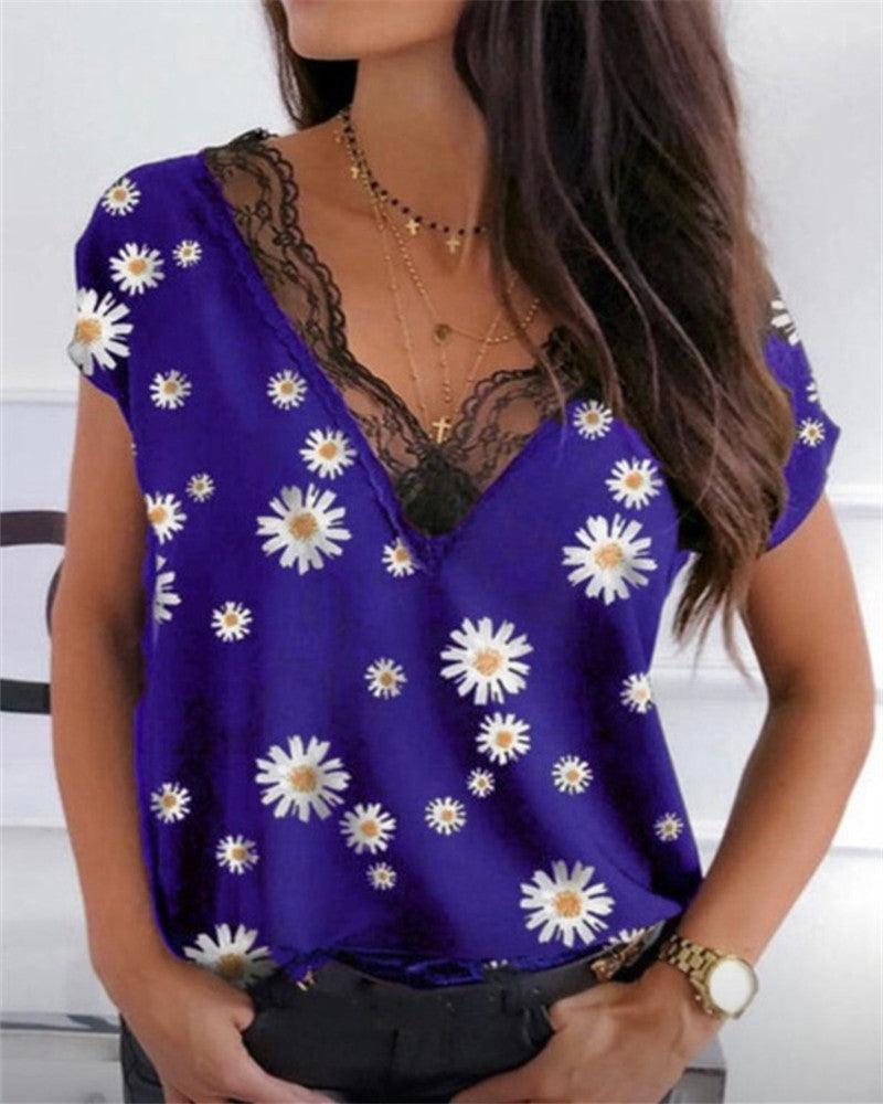 Lace V-neck Daisy Print Short Sleeves - BUNNY BAZAR