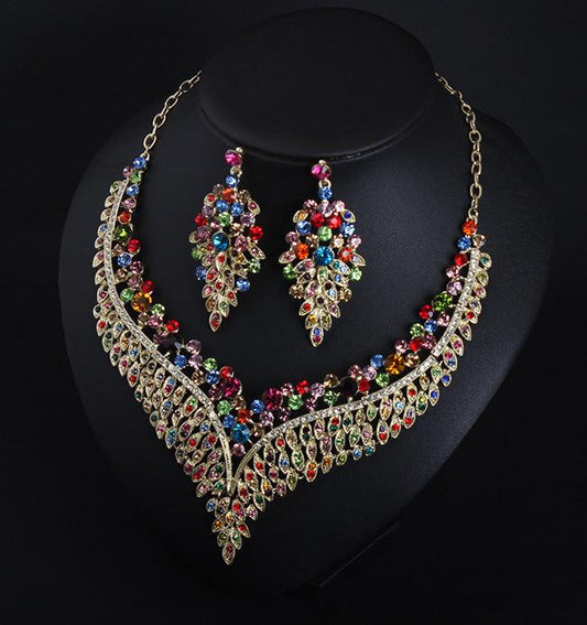 Full Rhinestone Color Clavicle Necklace Earrings Set Dress - BUNNY BAZAR